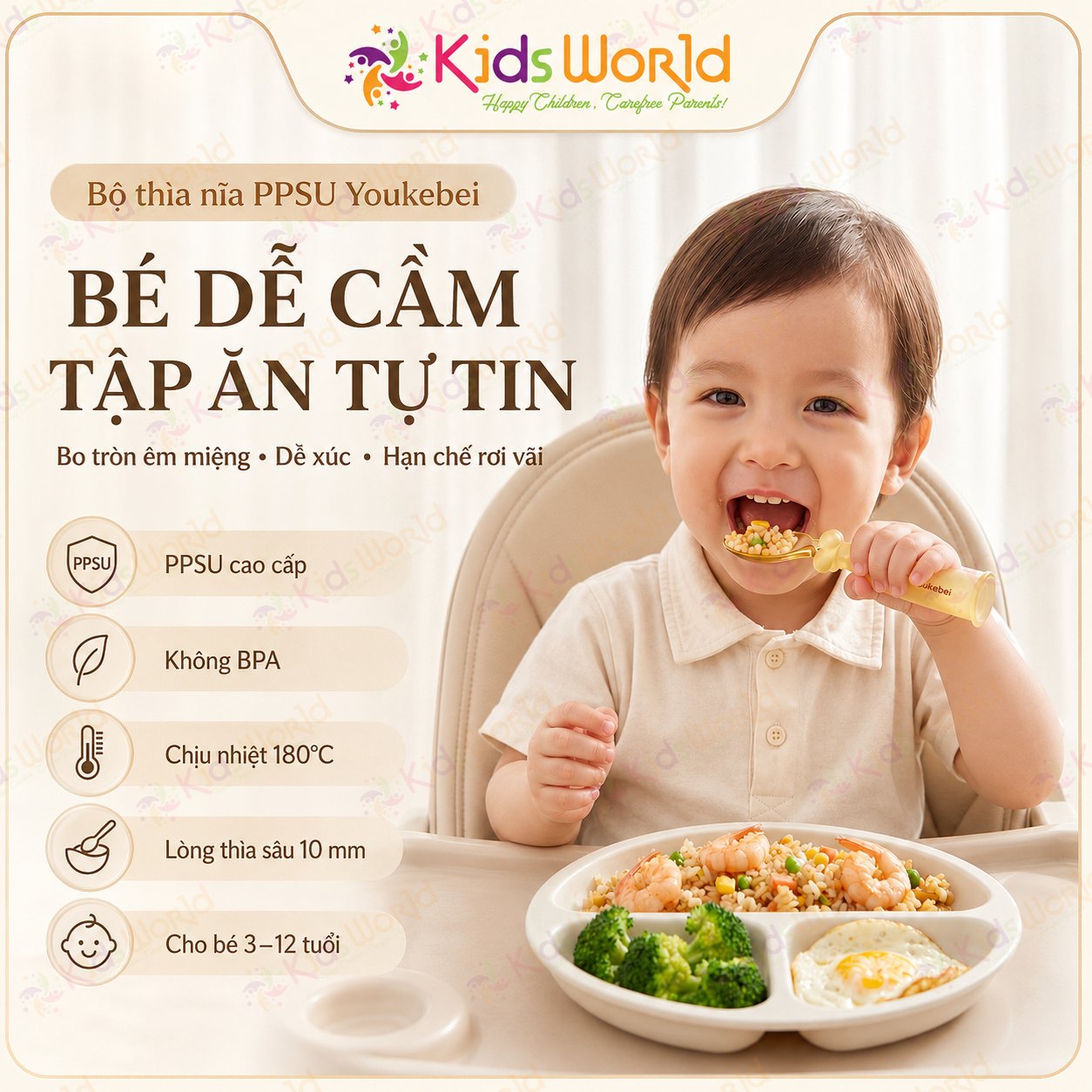 Bộ thìa nĩa PPSU cho bé ăn dặm Youkebei YKB-68713 có đế hít chống rơi vãi, bo tròn êm miệng, Free BPA, chịu nhiệt 180°c, kèm hộp đựng tiện lợi