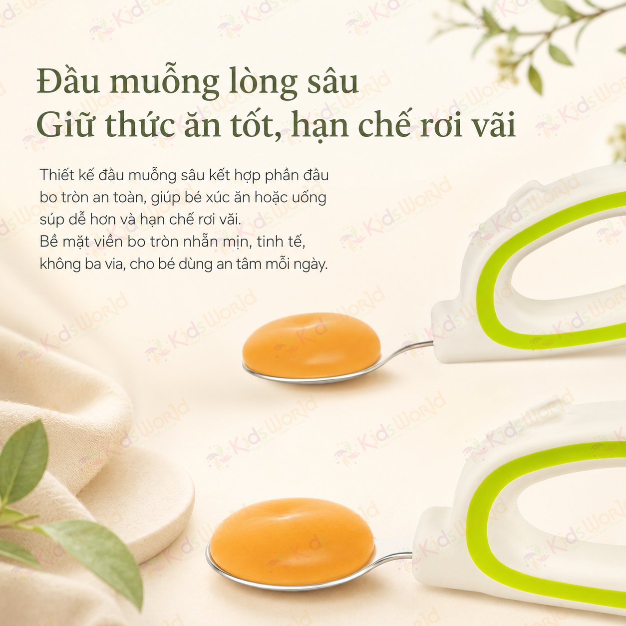 Bộ thìa nĩa ăn dặm cho bé KidsWorld tay cầm vòng cong inox 316 cao cấp an toàn