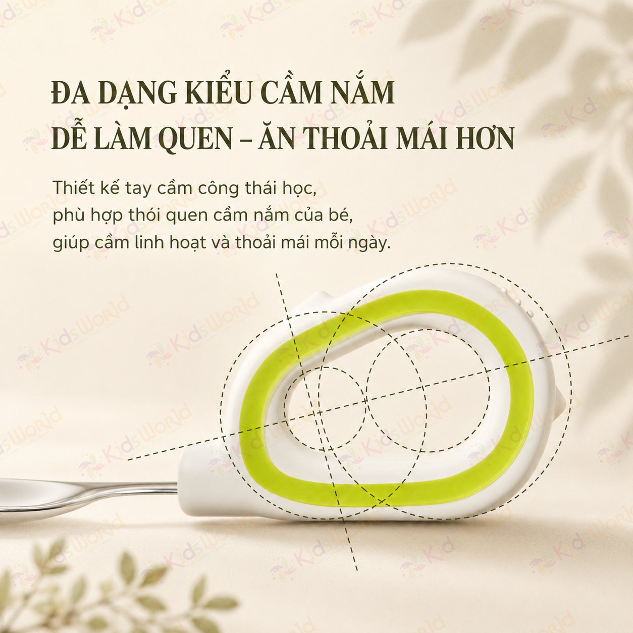 Bộ thìa nĩa ăn dặm cho bé KidsWorld tay cầm vòng cong inox 316 cao cấp an toàn