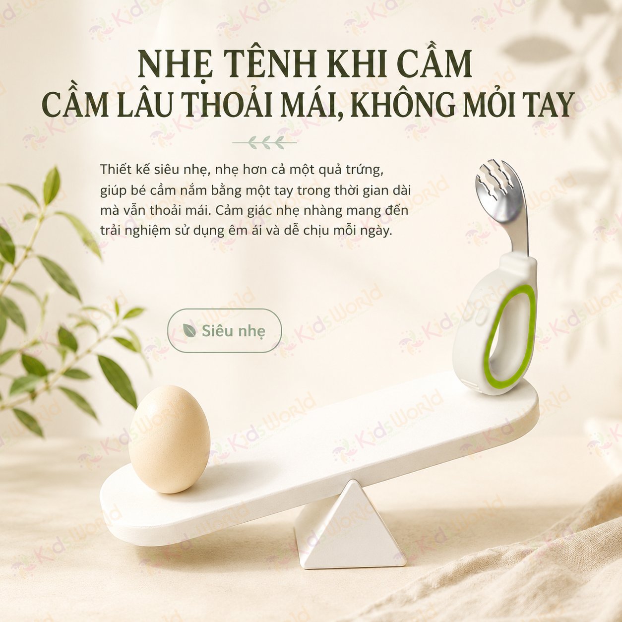 Bộ thìa nĩa ăn dặm cho bé KidsWorld tay cầm vòng cong inox 316 cao cấp an toàn