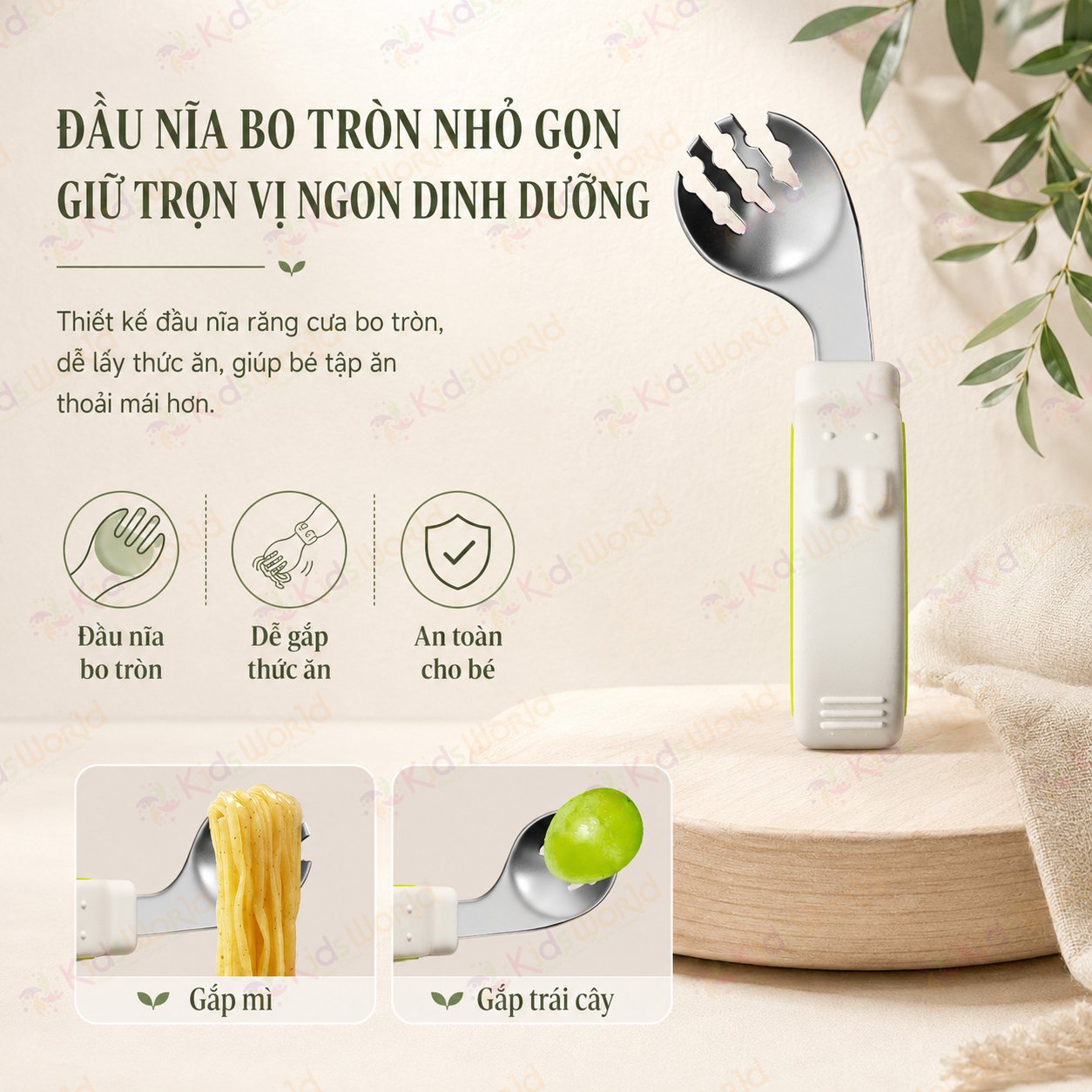 Bộ thìa nĩa ăn dặm cho bé KidsWorld tay cầm vòng cong inox 316 cao cấp an toàn