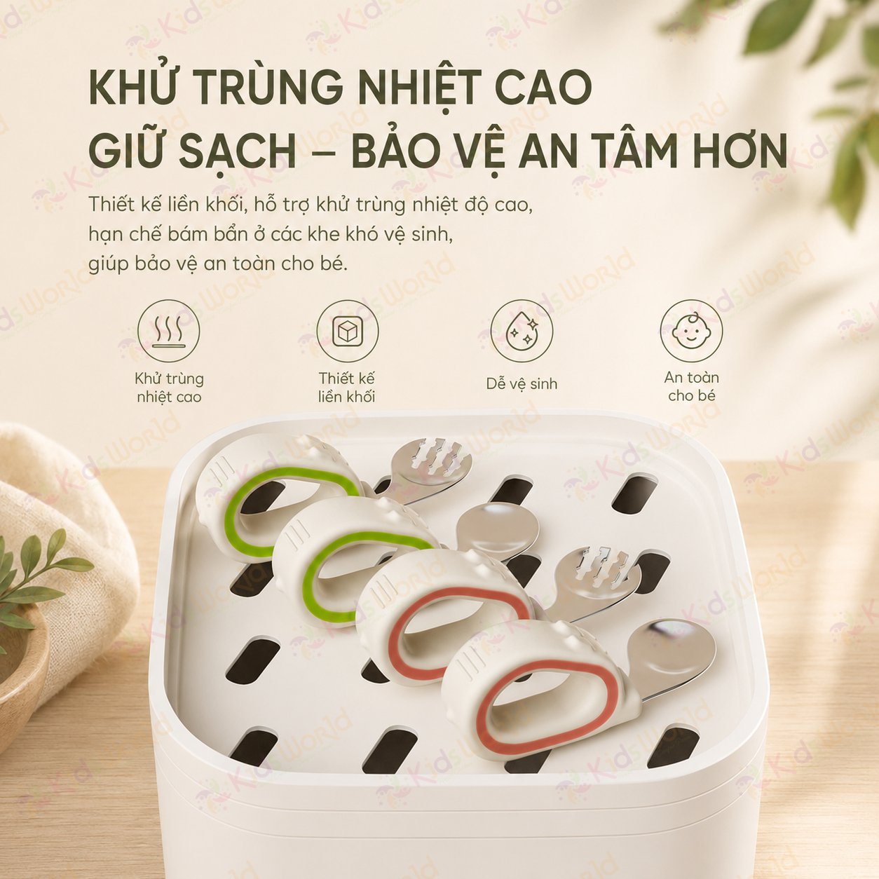 Bộ thìa nĩa ăn dặm cho bé KidsWorld tay cầm vòng cong inox 316 cao cấp an toàn