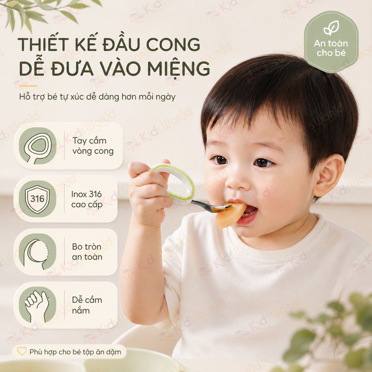 Bộ thìa nĩa ăn dặm cho bé KidsWorld tay cầm vòng cong inox 316 cao cấp an toàn