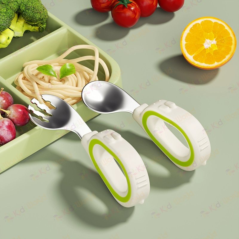 Bộ thìa nĩa ăn dặm cho bé KidsWorld tay cầm vòng cong inox 316 cao cấp an toàn