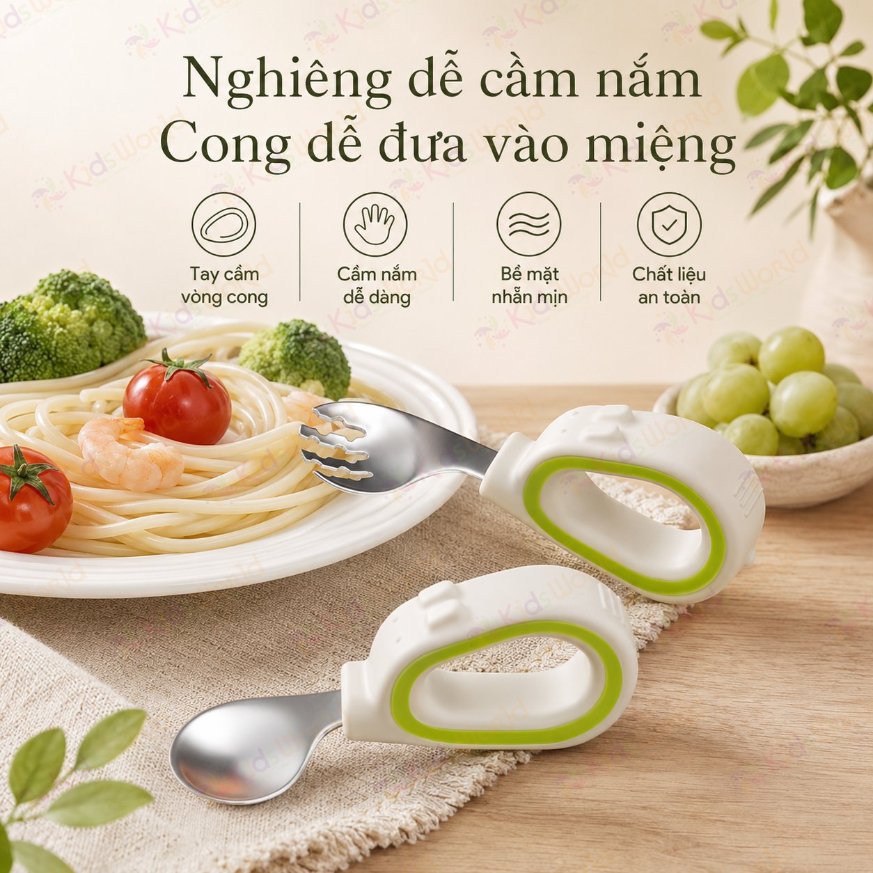 Bộ thìa nĩa ăn dặm cho bé KidsWorld tay cầm vòng cong inox 316 cao cấp an toàn