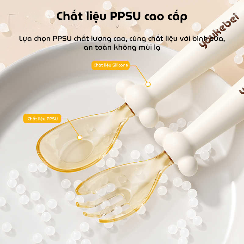 Bộ thìa nĩa cho bé ăn dặm Youkebei với chất liệu PPSU và Silicon cao cấp cho bé có đế hít chống đổ, an toàn tuyệt đối