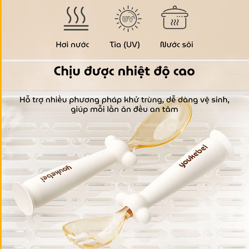 Bộ thìa nĩa cho bé ăn dặm Youkebei với chất liệu PPSU và Silicon cao cấp cho bé có đế hít chống đổ, an toàn tuyệt đối