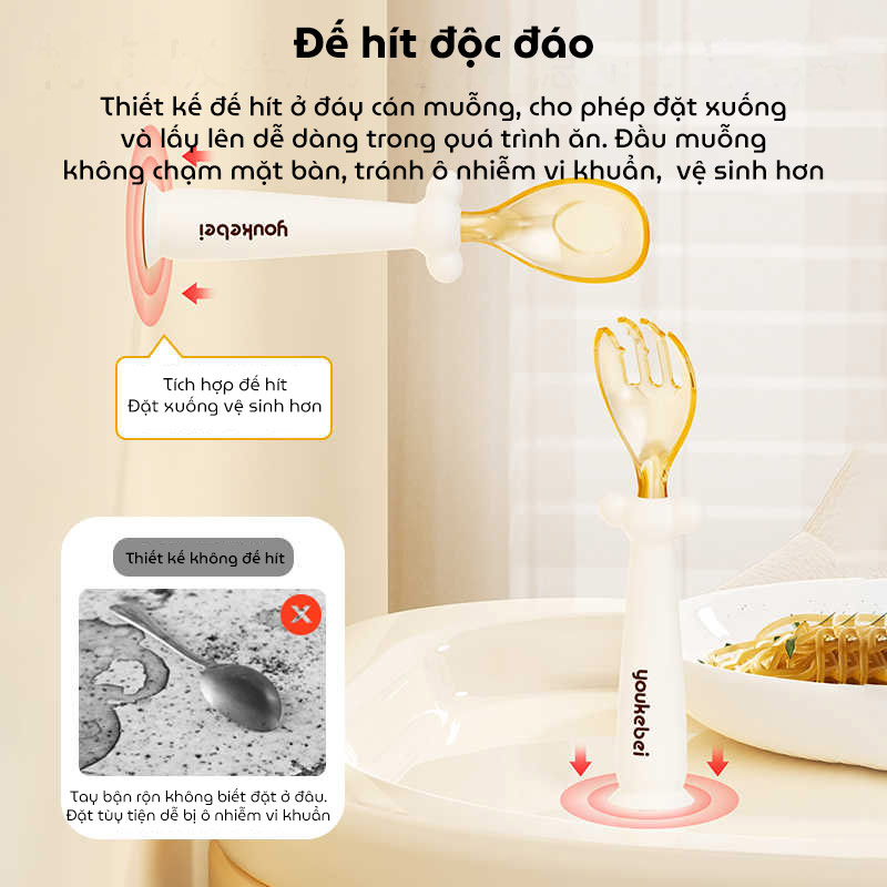 Bộ thìa nĩa cho bé ăn dặm Youkebei với chất liệu PPSU và Silicon cao cấp cho bé có đế hít chống đổ, an toàn tuyệt đối
