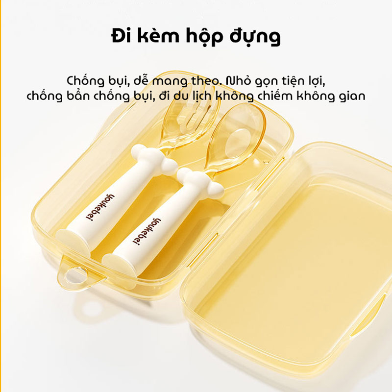 Bộ thìa nĩa cho bé ăn dặm Youkebei với chất liệu PPSU và Silicon cao cấp cho bé có đế hít chống đổ, an toàn tuyệt đối
