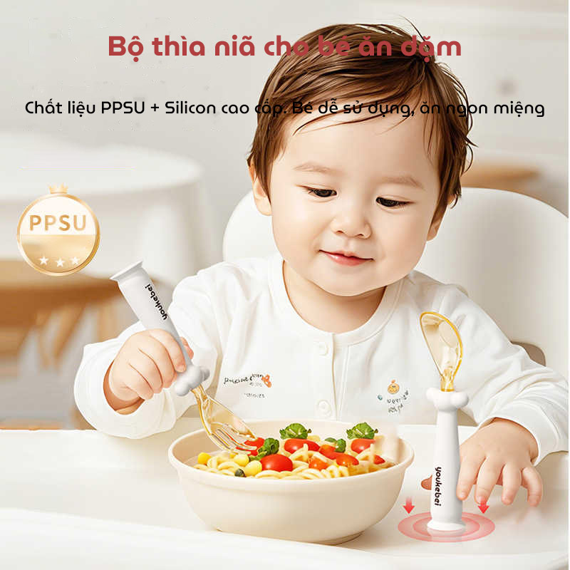 Bộ thìa nĩa cho bé ăn dặm Youkebei với chất liệu PPSU và Silicon cao cấp cho bé có đế hít chống đổ, an toàn tuyệt đối