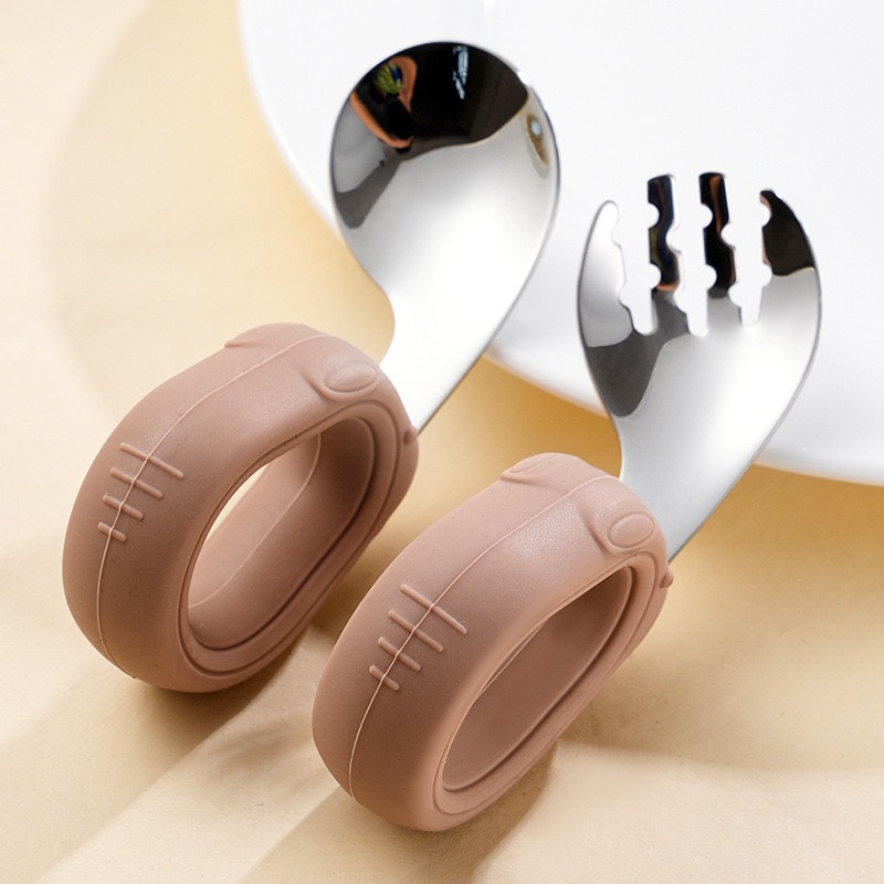 Bộ thìa nĩa cho bé ăn dặm hình thỏ tay cầm silicon uống cong inox 304 cao cấp