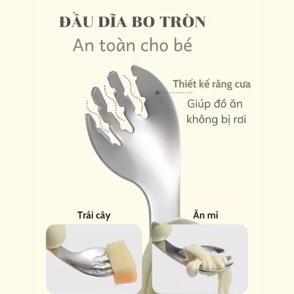 Bộ thìa nĩa cho bé ăn dặm hình thỏ tay cầm silicon uống cong inox 304 cao cấp