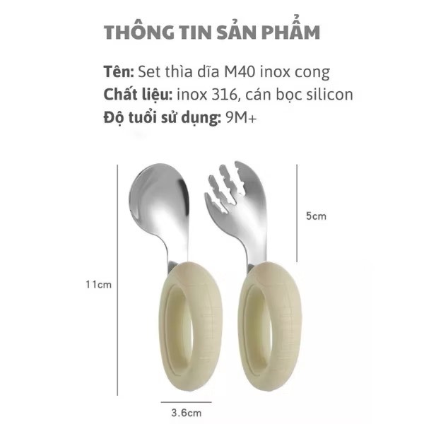 Bộ thìa nĩa cho bé ăn dặm hình thỏ tay cầm silicon uống cong inox 304 cao cấp