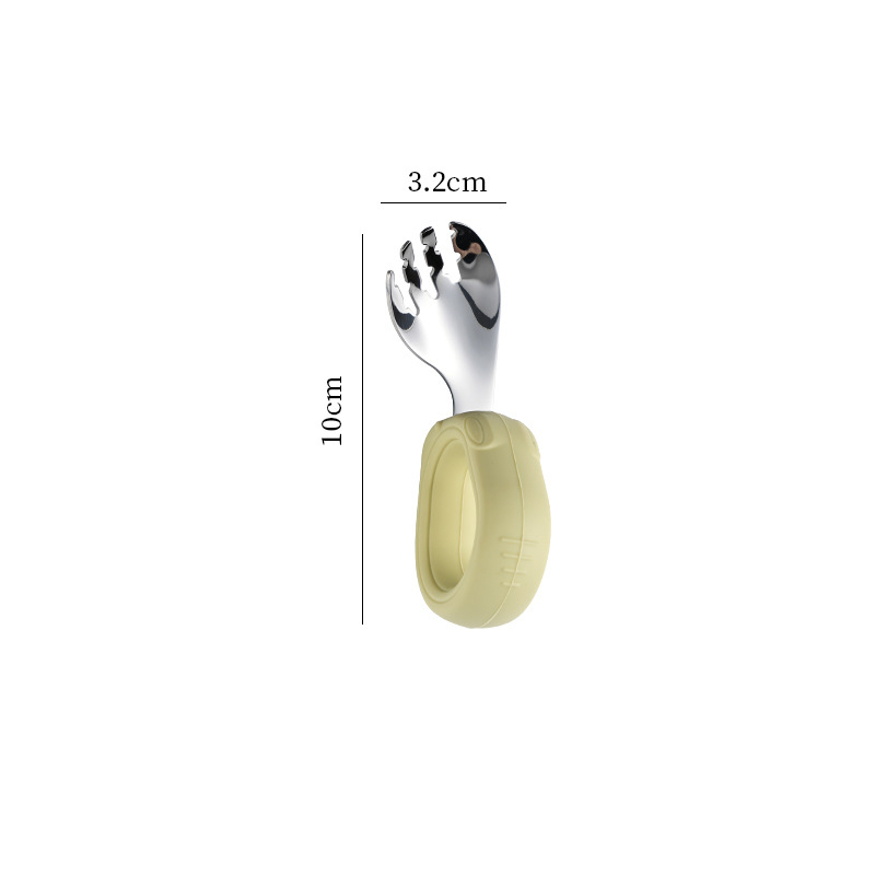 Bộ thìa nĩa cho bé ăn dặm hình thỏ tay cầm silicon uống cong inox 304 cao cấp