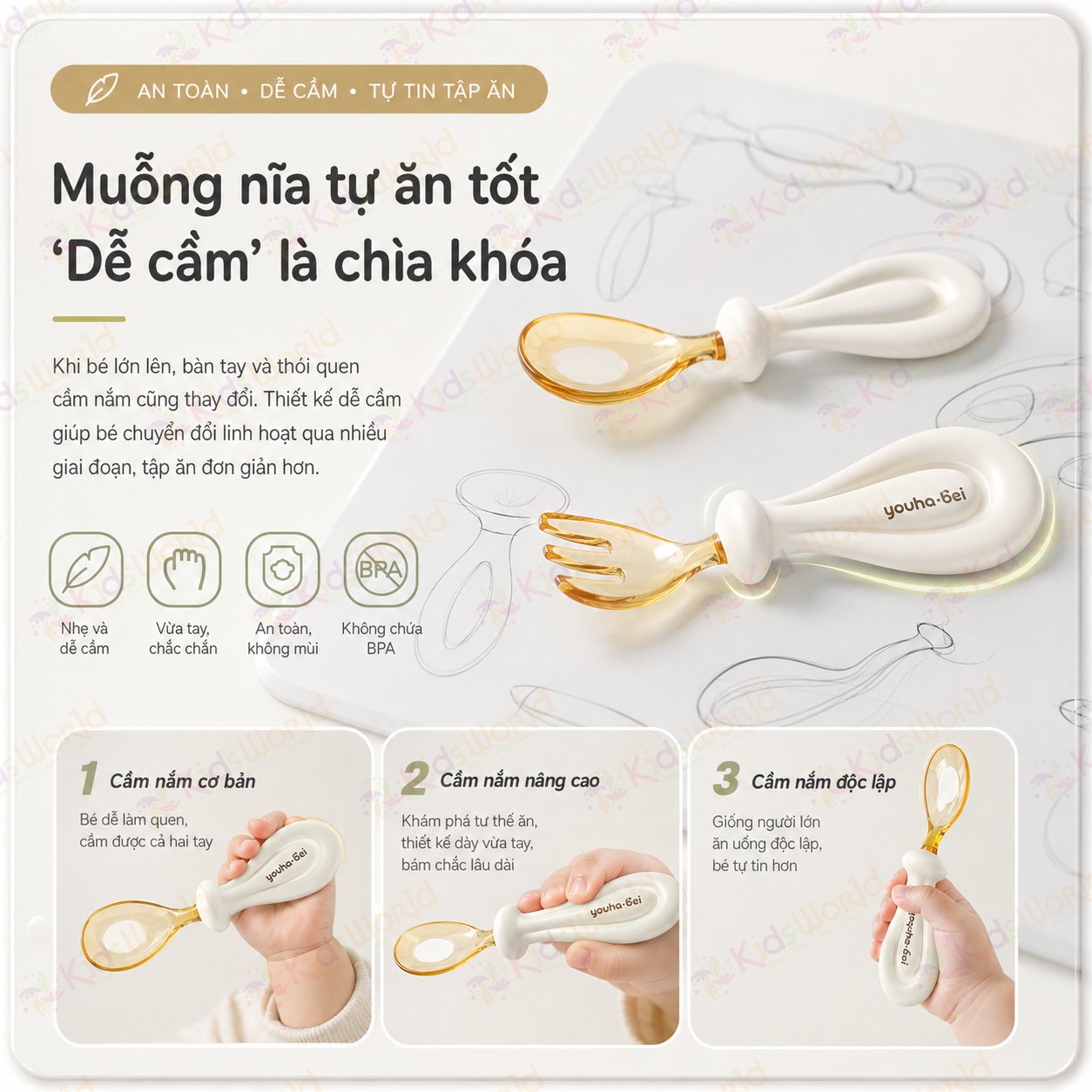 Bộ thìa nĩa cho bé ăn dặm hình thỏi vàng Youkebei đầu thìa làm từ nhựa PPSU cấp bình sữa, cán thìa bằng Silicone lỏng mềm mại