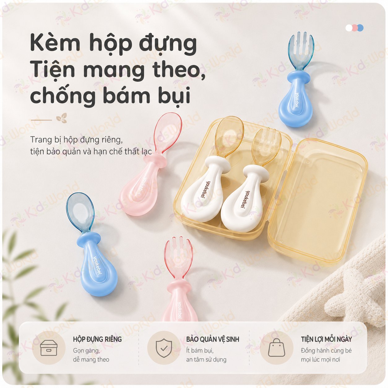 Bộ thìa nĩa cho bé ăn dặm hình thỏi vàng Youkebei đầu thìa làm từ nhựa PPSU cấp bình sữa, cán thìa bằng Silicone lỏng mềm mại
