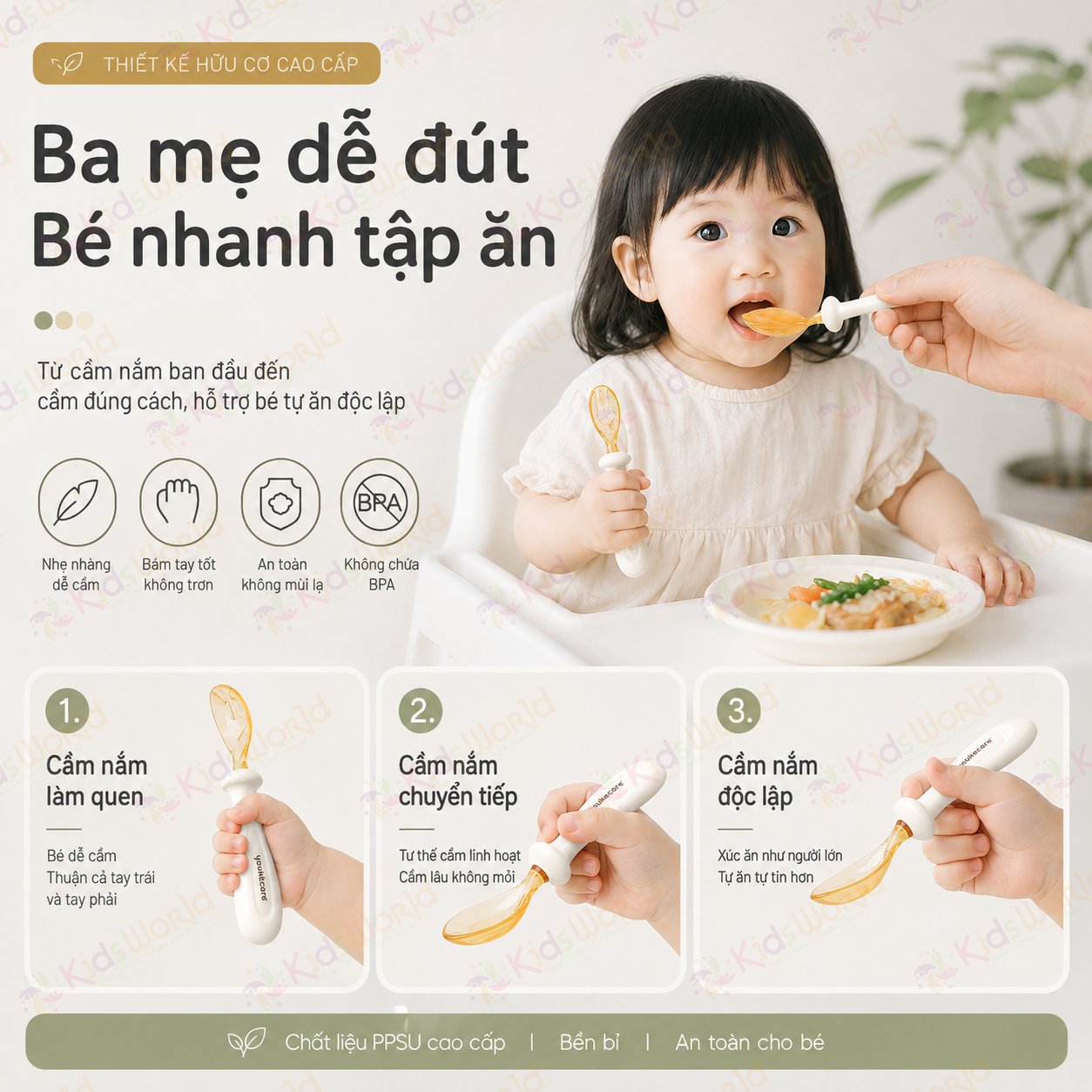Bộ thìa nĩa cho bé ăn dặm hình thỏi vàng Youkebei đầu thìa làm từ nhựa PPSU cấp bình sữa, cán thìa bằng Silicone lỏng mềm mại
