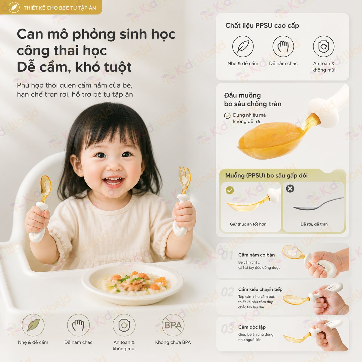 Bộ thìa nĩa cho bé ăn dặm hình thỏi vàng Youkebei đầu thìa làm từ nhựa PPSU cấp bình sữa, cán thìa bằng Silicone lỏng mềm mại
