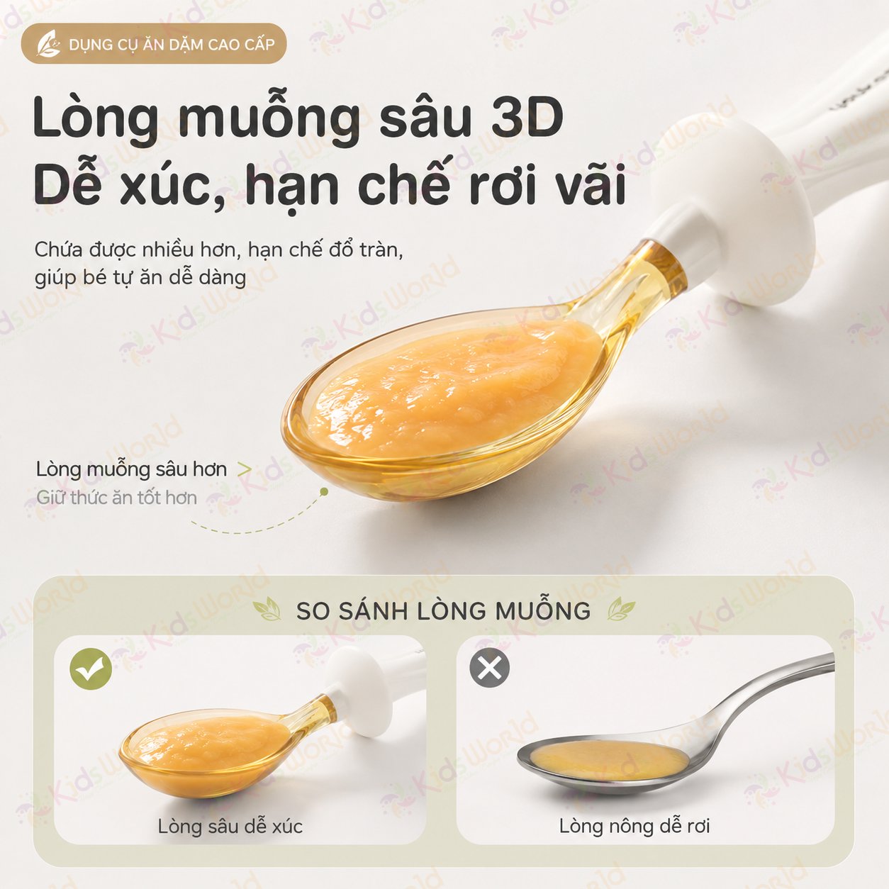 Bộ thìa nĩa cho bé ăn dặm hình thỏi vàng Youkebei đầu thìa làm từ nhựa PPSU cấp bình sữa, cán thìa bằng Silicone lỏng mềm mại