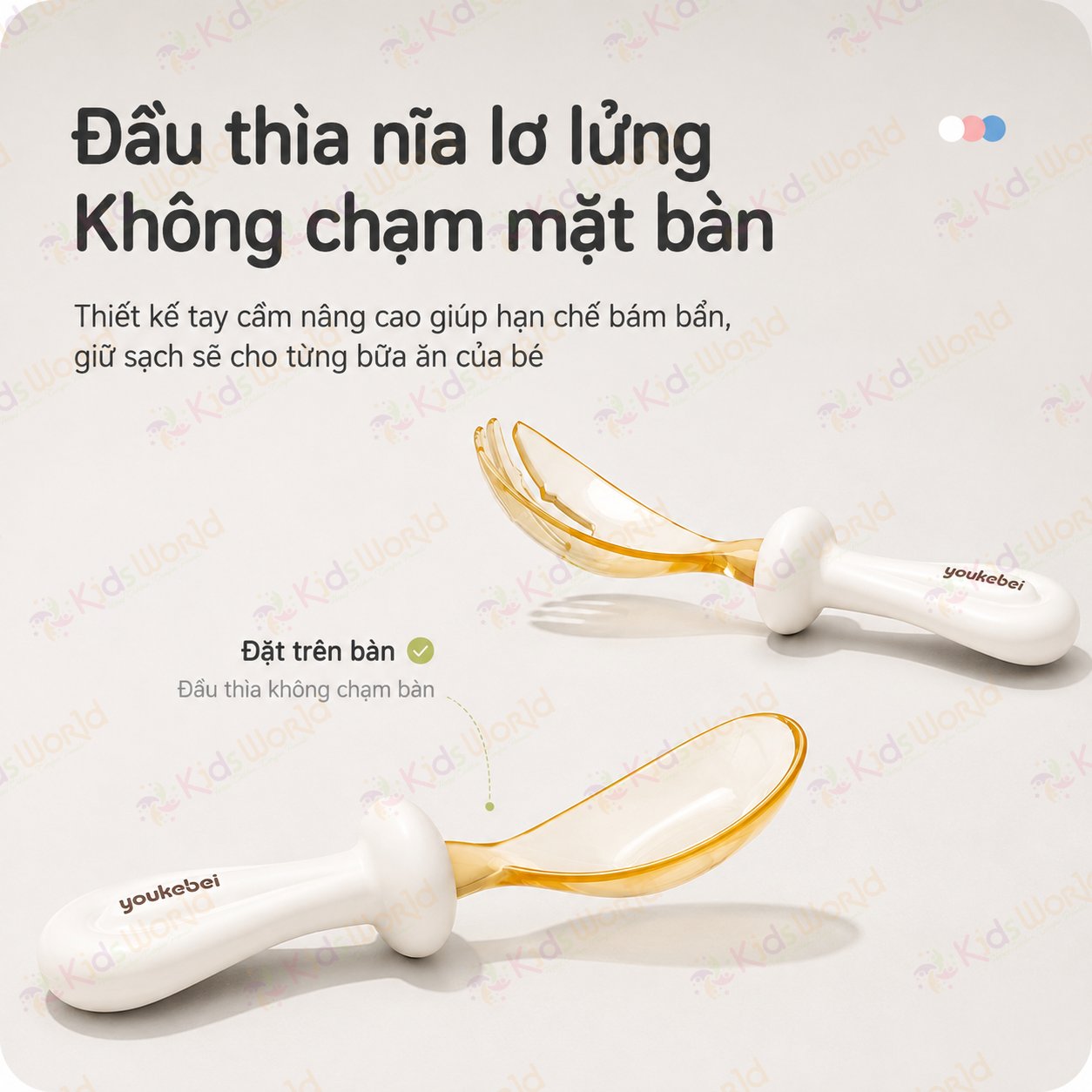 Bộ thìa nĩa cho bé ăn dặm hình thỏi vàng Youkebei đầu thìa làm từ nhựa PPSU cấp bình sữa, cán thìa bằng Silicone lỏng mềm mại