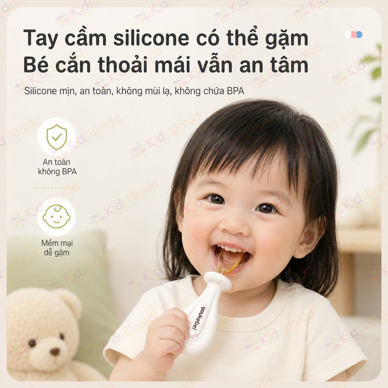 Bộ thìa nĩa cho bé ăn dặm hình thỏi vàng Youkebei đầu thìa làm từ nhựa PPSU cấp bình sữa, cán thìa bằng Silicone lỏng mềm mại