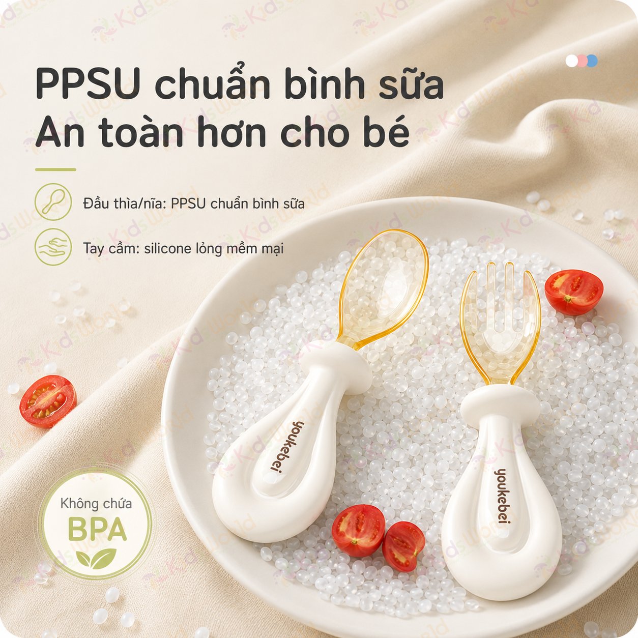 Bộ thìa nĩa cho bé ăn dặm hình thỏi vàng Youkebei đầu thìa làm từ nhựa PPSU cấp bình sữa, cán thìa bằng Silicone lỏng mềm mại