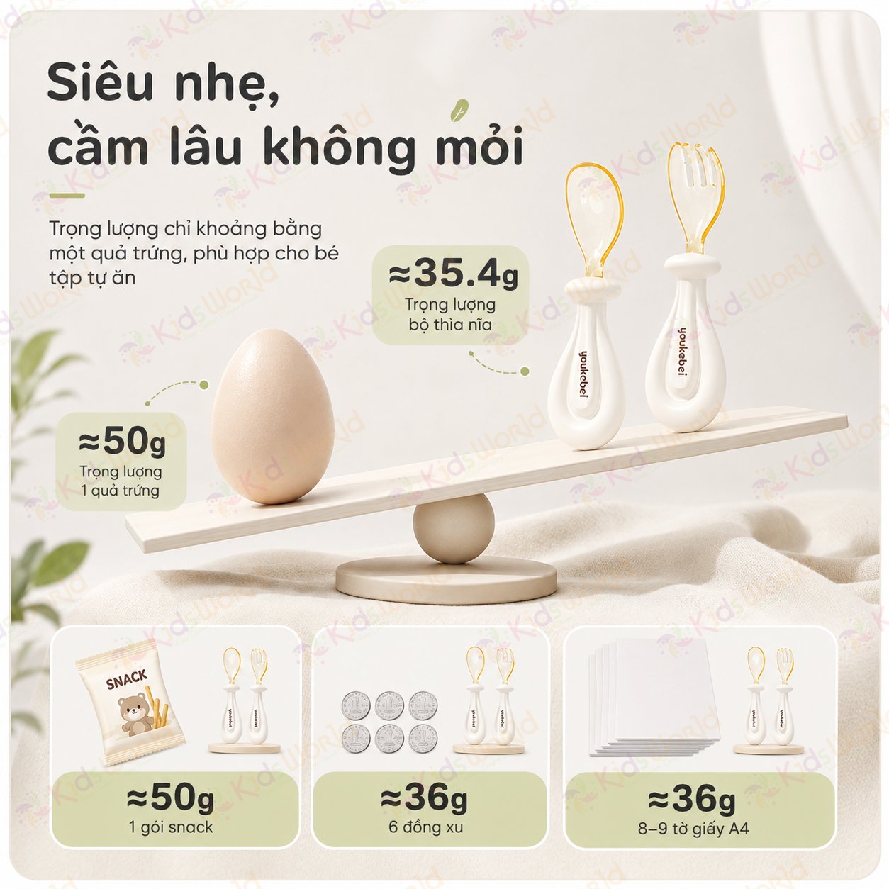 Bộ thìa nĩa cho bé ăn dặm hình thỏi vàng Youkebei đầu thìa làm từ nhựa PPSU cấp bình sữa, cán thìa bằng Silicone lỏng mềm mại