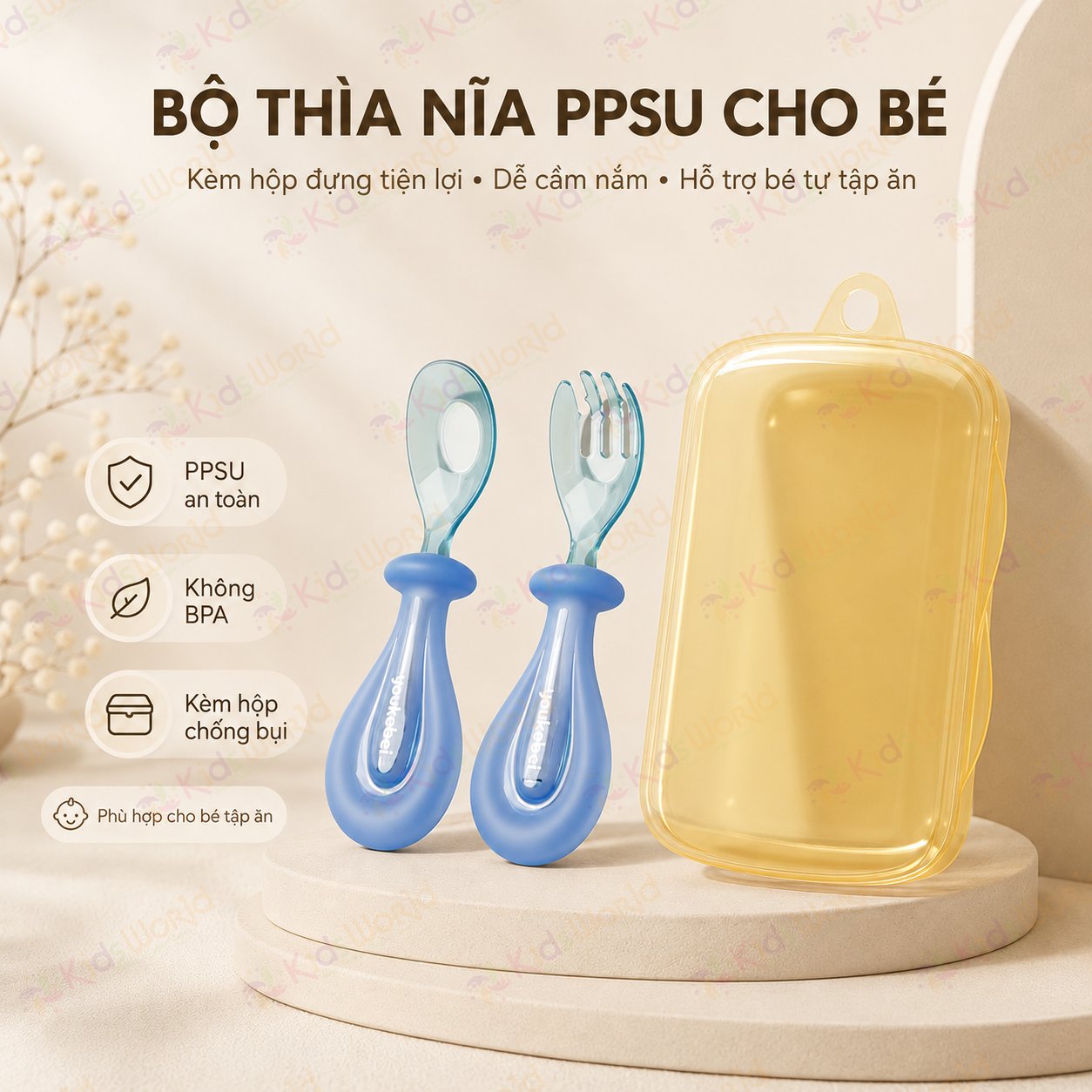 Bộ thìa nĩa cho bé ăn dặm hình thỏi vàng Youkebei đầu thìa làm từ nhựa PPSU cấp bình sữa, cán thìa bằng Silicone lỏng mềm mại