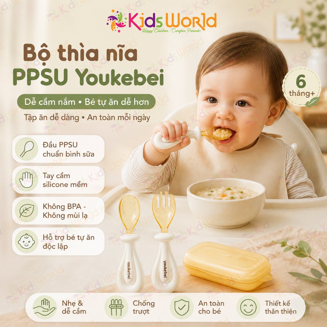 Bộ thìa nĩa cho bé ăn dặm hình thỏi vàng Youkebei đầu thìa làm từ nhựa PPSU cấp bình sữa, cán thìa bằng Silicone lỏng mềm mại