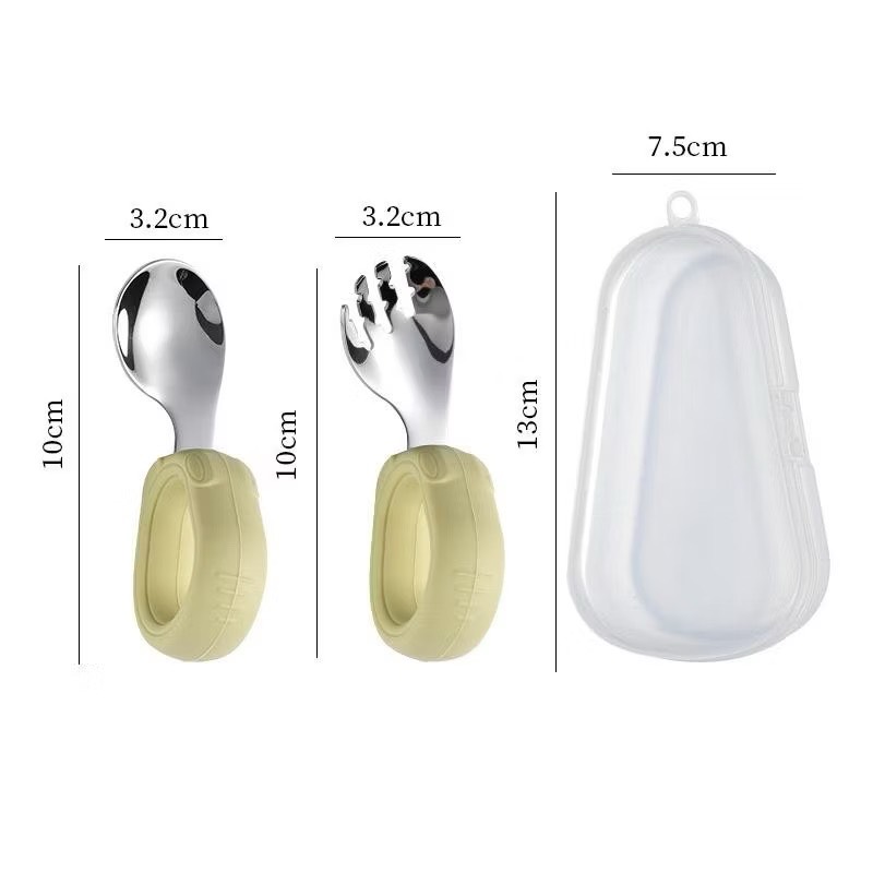 Bộ thìa nĩa cho bé ăn dặm hình thỏ tay cầm silicon uống cong inox 304 cao cấp