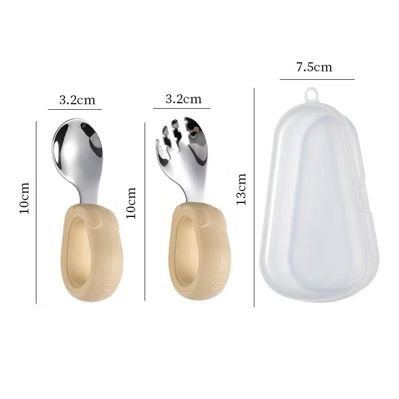 Bộ thìa nĩa cho bé ăn dặm hình thỏ tay cầm silicon uống cong inox 304 cao cấp