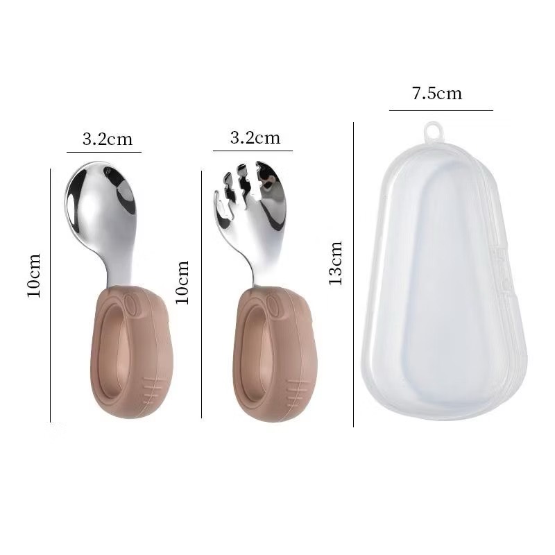 Bộ thìa nĩa cho bé ăn dặm hình thỏ tay cầm silicon uống cong inox 304 cao cấp
