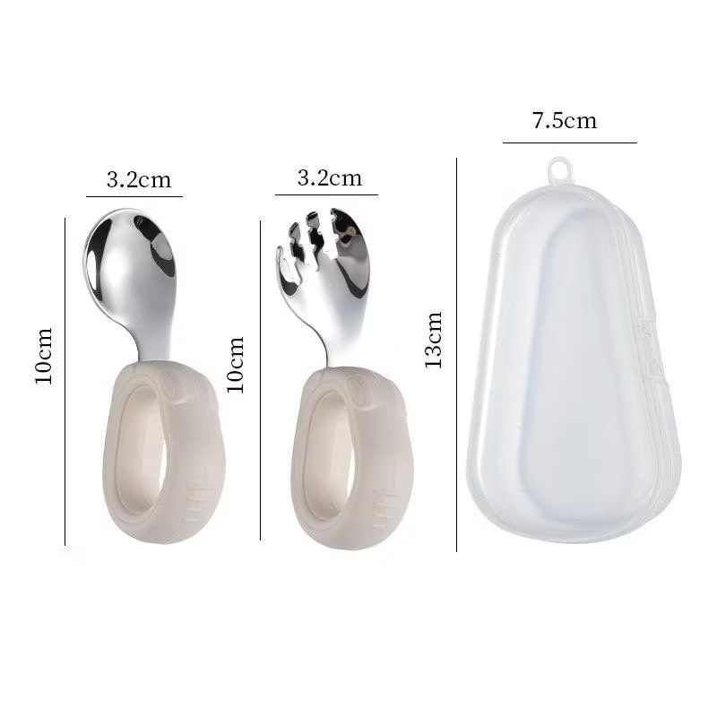 Bộ thìa nĩa cho bé ăn dặm hình thỏ tay cầm silicon uống cong inox 304 cao cấp
