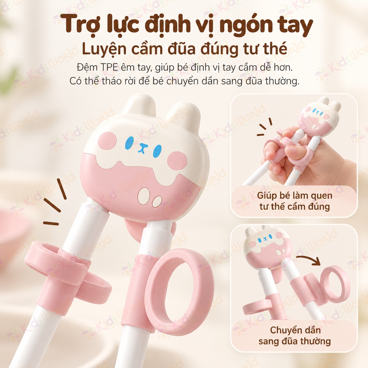 Bộ thìa nĩa đũa tập gắp cho bé hình thỏ đũa tập gắp xỏ ngón chống trượt giúp bé làm quen với việc gắp thức ăn bằng đũa
