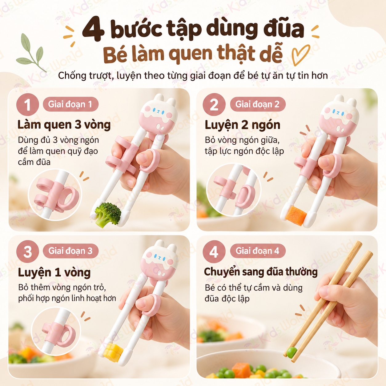 Bộ thìa nĩa đũa tập gắp cho bé hình thỏ đũa tập gắp xỏ ngón chống trượt giúp bé làm quen với việc gắp thức ăn bằng đũa