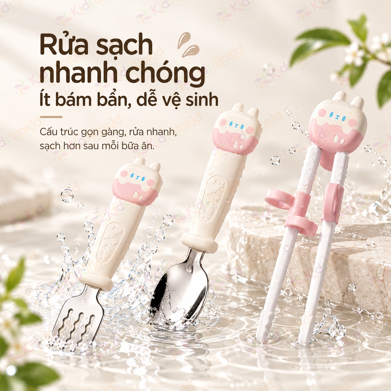 Bộ thìa nĩa đũa tập gắp cho bé hình thỏ đũa tập gắp xỏ ngón chống trượt giúp bé làm quen với việc gắp thức ăn bằng đũa