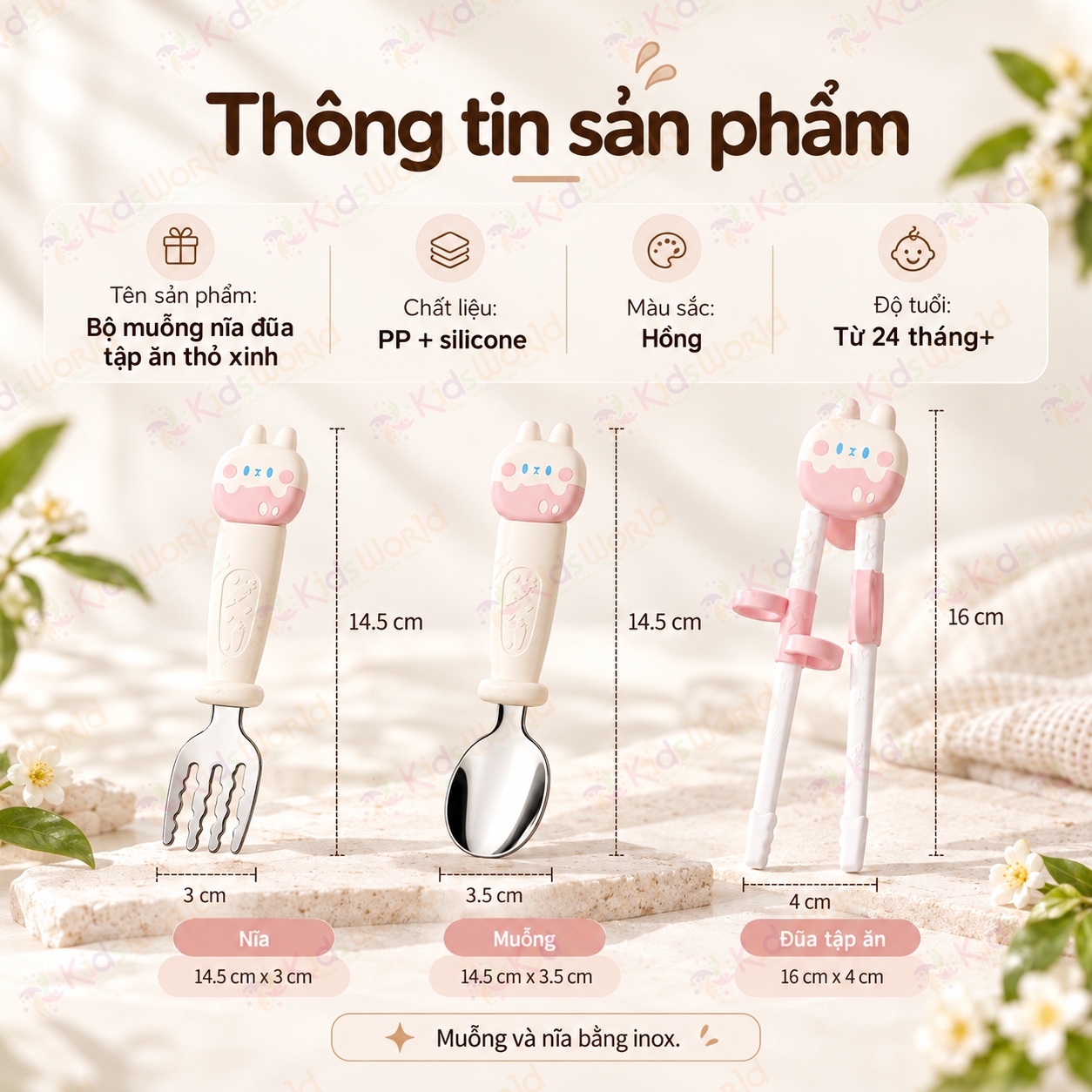 Bộ thìa nĩa đũa tập gắp cho bé hình thỏ đũa tập gắp xỏ ngón chống trượt giúp bé làm quen với việc gắp thức ăn bằng đũa