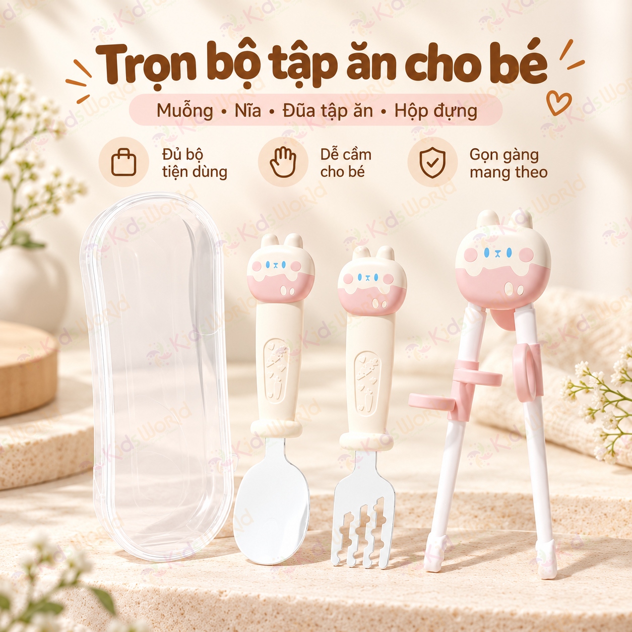 Bộ thìa nĩa đũa tập gắp cho bé hình thỏ đũa tập gắp xỏ ngón chống trượt giúp bé làm quen với việc gắp thức ăn bằng đũa