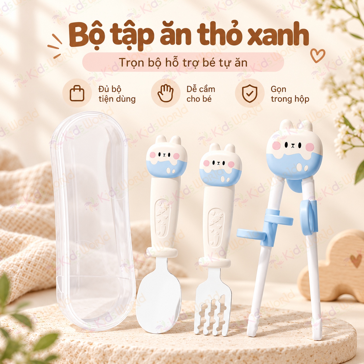 Bộ thìa nĩa đũa tập gắp cho bé hình thỏ đũa tập gắp xỏ ngón chống trượt giúp bé làm quen với việc gắp thức ăn bằng đũa