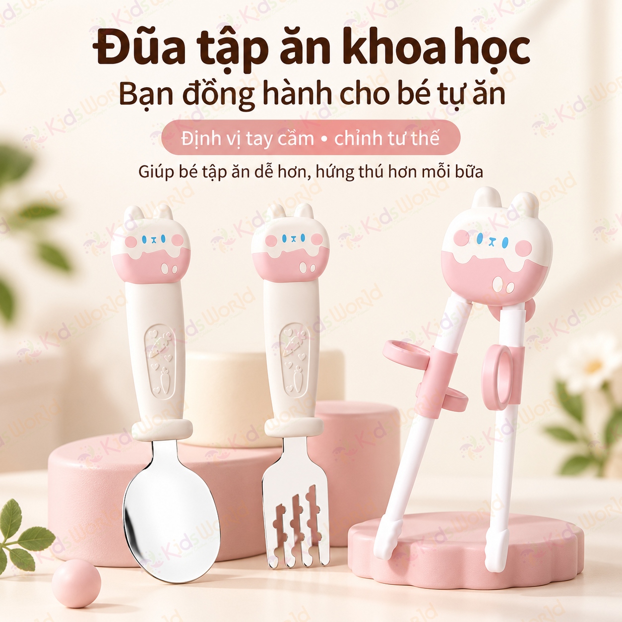 Bộ thìa nĩa đũa tập gắp cho bé hình thỏ đũa tập gắp xỏ ngón chống trượt giúp bé làm quen với việc gắp thức ăn bằng đũa
