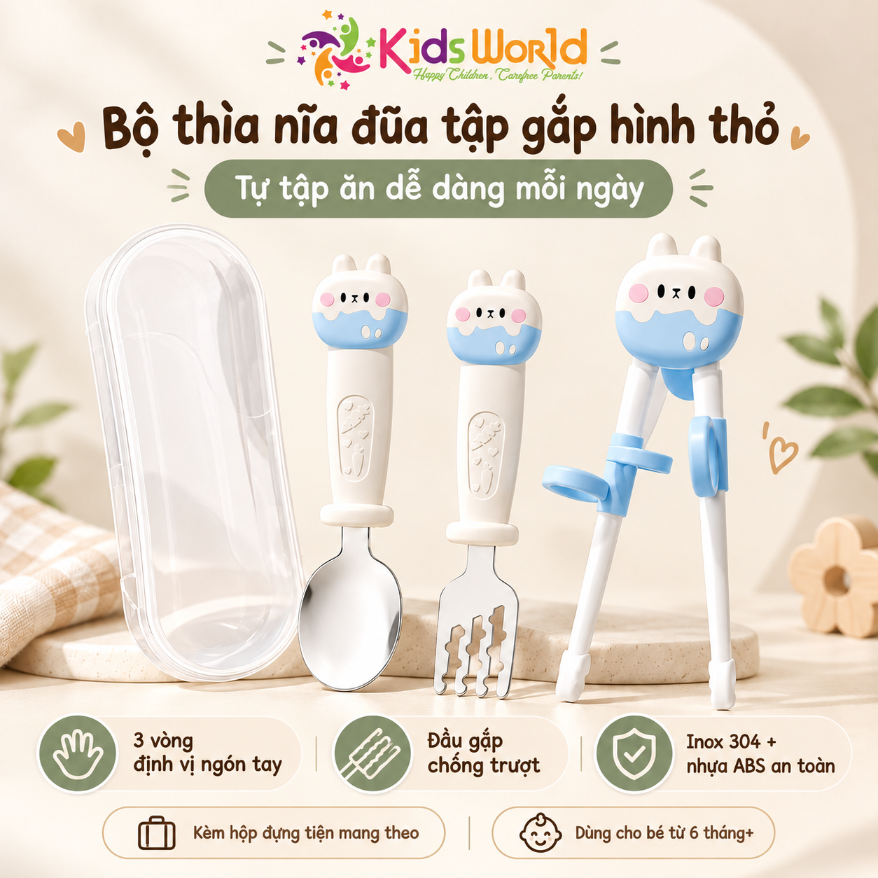 Bộ thìa nĩa đũa tập gắp cho bé hình thỏ đũa tập gắp xỏ ngón chống trượt giúp bé làm quen với việc gắp thức ăn bằng đũa