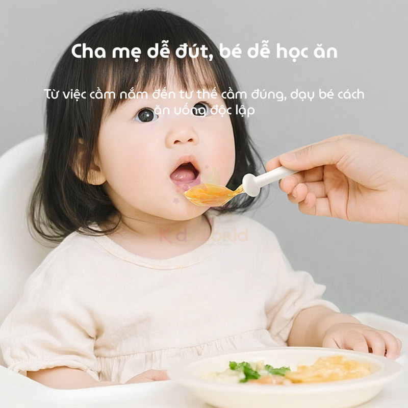 Bộ thìa nĩa cho bé ăn dặm hình thỏi vàng Youkebei đầu thìa làm từ nhựa PPSU cấp bình sữa, cán thìa bằng Silicone lỏng mềm mại