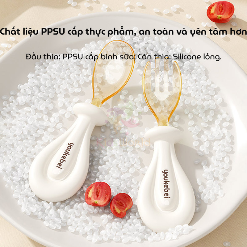 Bộ thìa nĩa cho bé ăn dặm hình thỏi vàng Youkebei đầu thìa làm từ nhựa PPSU cấp bình sữa, cán thìa bằng Silicone lỏng mềm mại