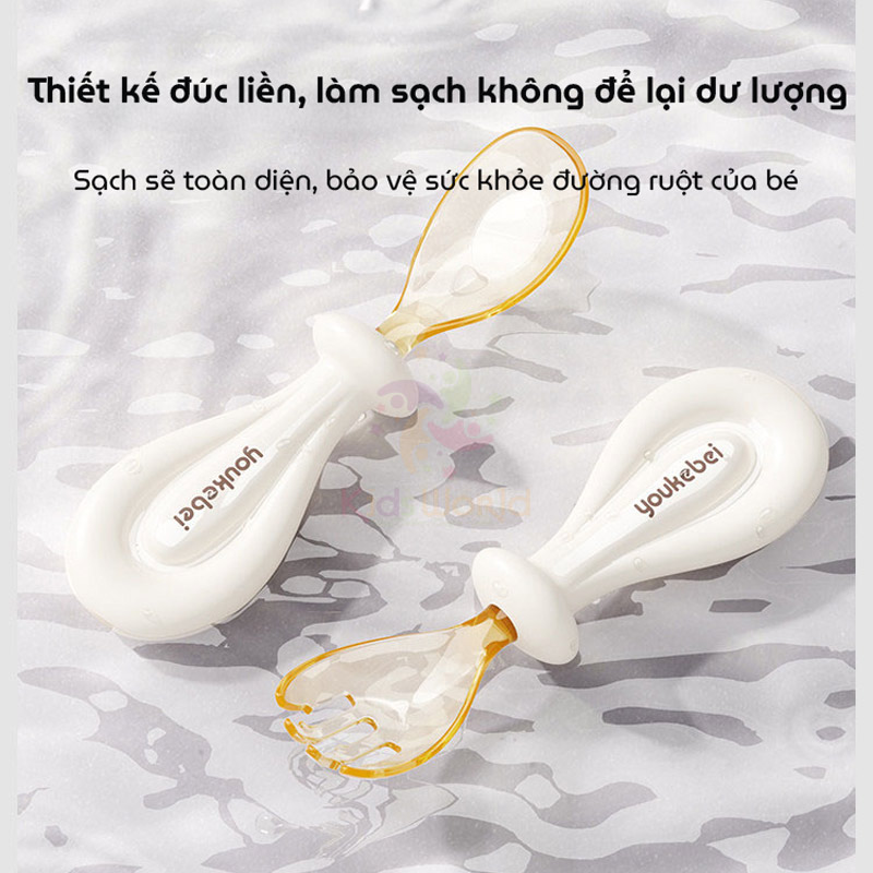 Bộ thìa nĩa cho bé ăn dặm hình thỏi vàng Youkebei đầu thìa làm từ nhựa PPSU cấp bình sữa, cán thìa bằng Silicone lỏng mềm mại