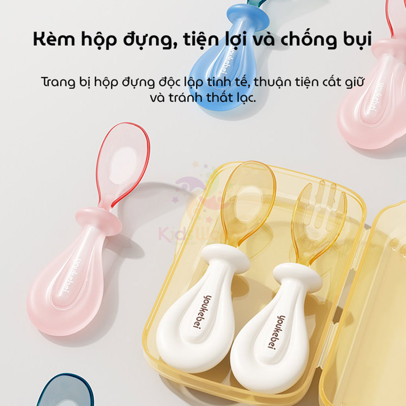 Bộ thìa nĩa cho bé ăn dặm hình thỏi vàng Youkebei đầu thìa làm từ nhựa PPSU cấp bình sữa, cán thìa bằng Silicone lỏng mềm mại