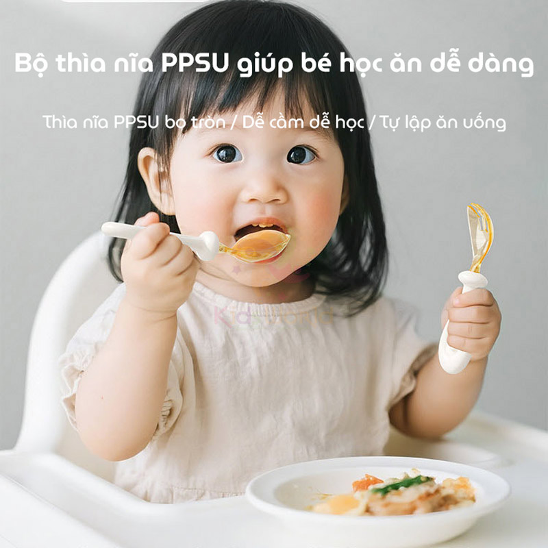Bộ thìa nĩa cho bé ăn dặm hình thỏi vàng Youkebei đầu thìa làm từ nhựa PPSU cấp bình sữa, cán thìa bằng Silicone lỏng mềm mại