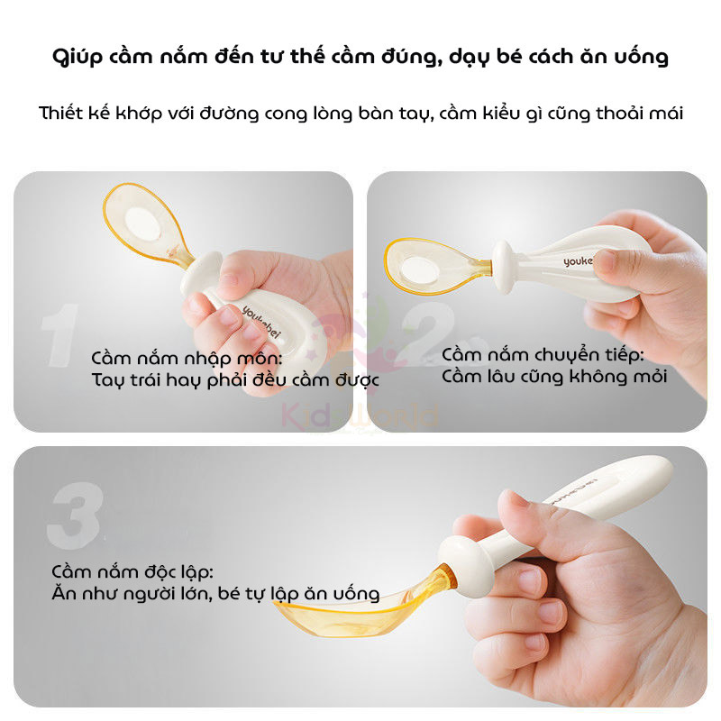 Bộ thìa nĩa cho bé ăn dặm hình thỏi vàng Youkebei đầu thìa làm từ nhựa PPSU cấp bình sữa, cán thìa bằng Silicone lỏng mềm mại