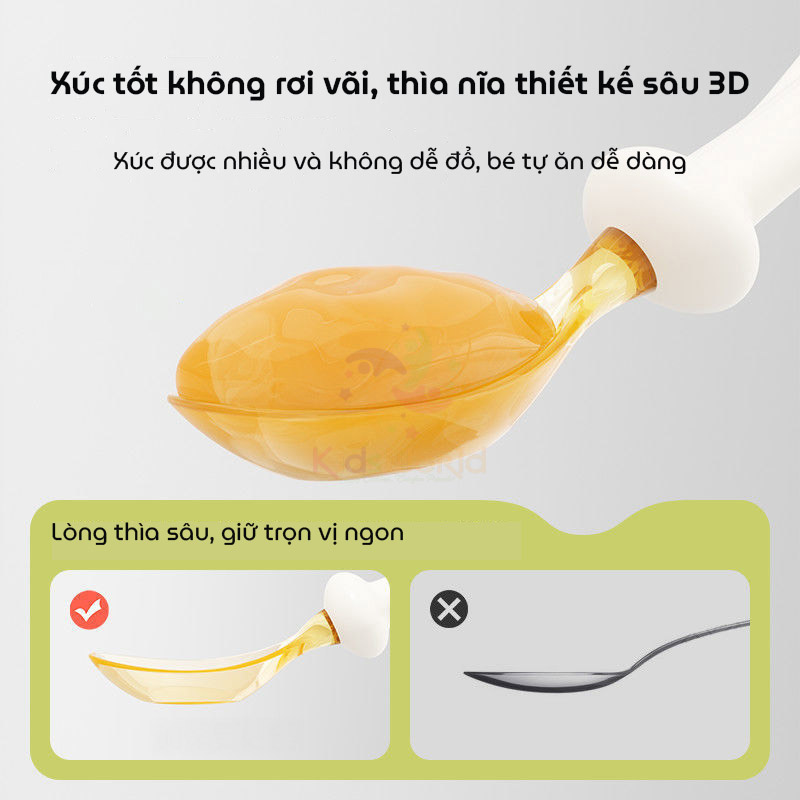 Bộ thìa nĩa cho bé ăn dặm hình thỏi vàng Youkebei đầu thìa làm từ nhựa PPSU cấp bình sữa, cán thìa bằng Silicone lỏng mềm mại