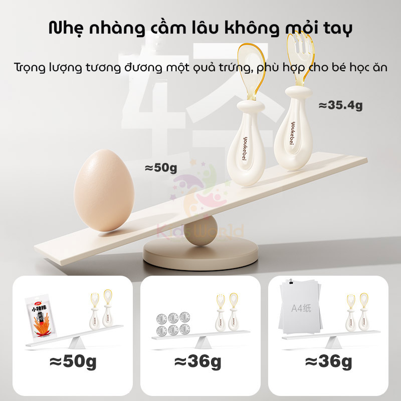 Bộ thìa nĩa cho bé ăn dặm hình thỏi vàng Youkebei đầu thìa làm từ nhựa PPSU cấp bình sữa, cán thìa bằng Silicone lỏng mềm mại