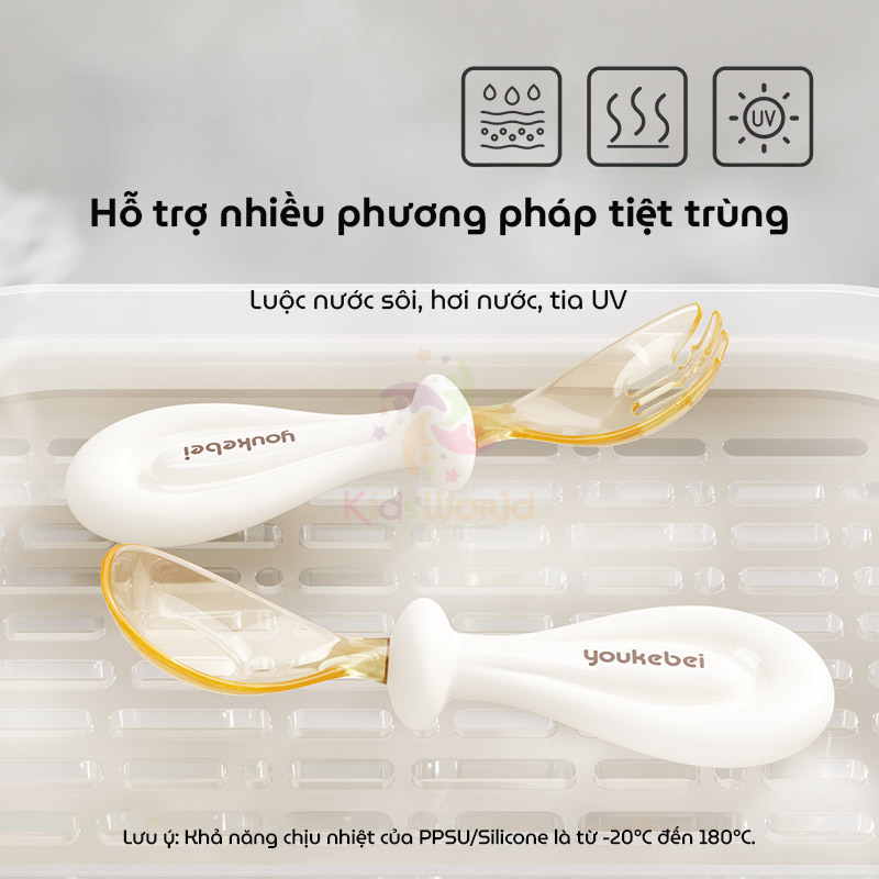 Bộ thìa nĩa cho bé ăn dặm hình thỏi vàng Youkebei đầu thìa làm từ nhựa PPSU cấp bình sữa, cán thìa bằng Silicone lỏng mềm mại